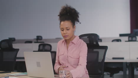Pregnant-Woman-Using-Laptop-Computer-And-Drinking-Water-While-Working-In-The-Office
