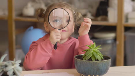 Little-Girl-Observing-A-Plant-With-A-Magnifying-Glass-Sitting-At-Table-In-A-Craft-Workshop