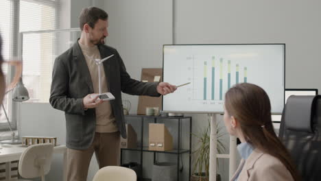 Businessman-Explaining-Wind-Turbine-Model-And-Showing-Data-Graph-During-A-Meeting-In-The-Office
