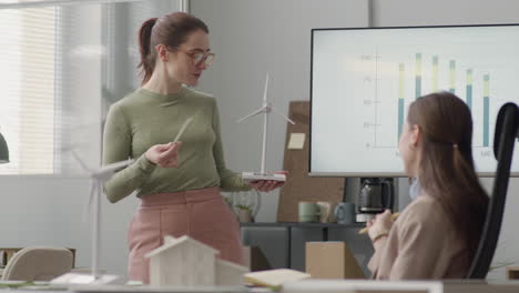Businesswoman-Explaining-Wind-Turbine-Model-During-A-Meeting-In-The-Office