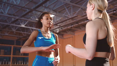Zwei-Multiethnische-Sportlerinnen-Unterhalten-Sich-Während-Der-Trainingseinheit-1-In-Einer-Sporthalle