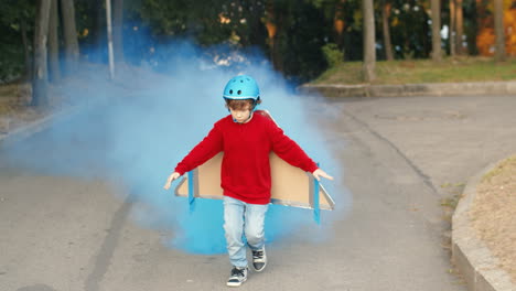 Happy-Little-Boy-Wearing-Cardboard-Airplane-Wings-With-Artificial-Smoke-Behind-Running-In-The-Park-And-Playing-As-A-Pilot-1