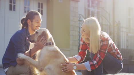 Close-Up-View-Of-Cheerful-Girlfriend-And-Boyfriend-Petting-Their-Labrador-Dog-On-The-Street-On-A-Sunny-Day