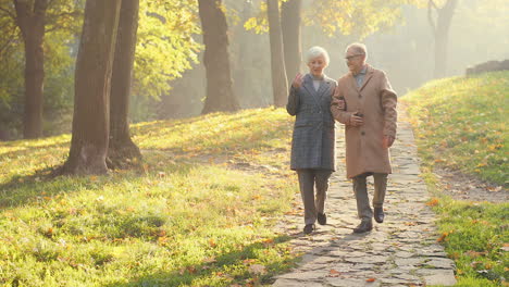 älterer-Mann-Und-Frau,-Die-Zusammen-Auf-Dem-Parkweg-Spazieren-Und-Sich-Bei-Sonnenuntergang-Im-Herbst-Gegenseitig-Halten