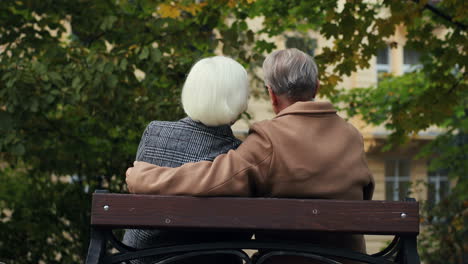 Vista-Trasera-De-Una-Pareja-De-Ancianos-Casados-Abrazándose-Unos-A-Otros-Sentados-En-El-Banco-En-El-Parque-En-Otoño
