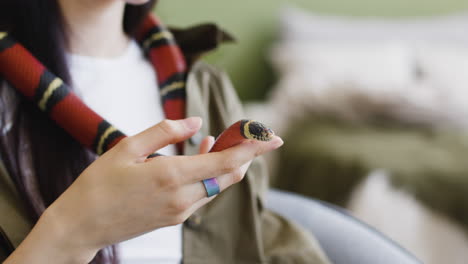 Close-Up-Of-A-Female-Hand-Holding-A-Pet-Snake-At-Home