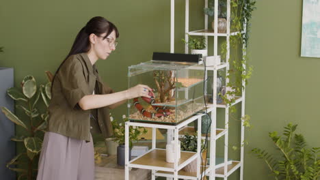 Young-Woman-Holding-Her-Pet-Snake-And-Putting-It-In-A-Terrarium-At-Home