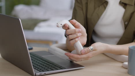 Close-Up-Of-An-Unrecognizable-Woman-Holding-A-White-Pet-Snake-While-Sitting-At-Table-With-A-Laptop-Computer-At-Home