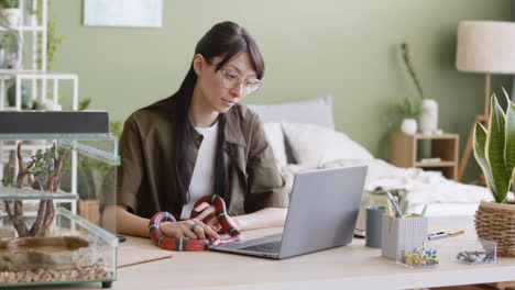 Young-Woman-Holding-Her-Pet-Snake-And-Working-On-Laptop-Computer-While-Sitting-At-Table-At-Home