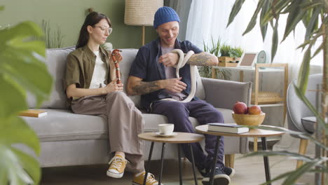 Couple-Holding-Pet-Snakes-And-Talking-Together-While-Sitting-On-A-Comfortable-Sofa-At-Home