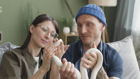 Close-Up-View-Of-Couple-Holding-A-Snake-And-Talking-Together-While-Sitting-On-A-Comfortable-Sofa-At-Home