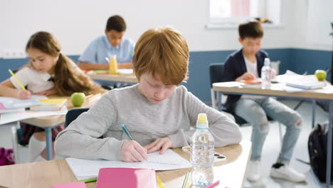 Smiling-Ginger-Boy-Sitting-At-Desk-And-Writing-In-Notebook-During-English-Class-At-School