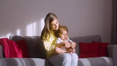 Woman-Holding-Her-Son-On-Her-Lap-While-Sitting-On-The-Sofa-In-The-Living-Room-And-Playing-With-Him-With-Animal-Toys