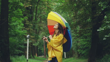 Attractive-Woman-A-Yellow-Raincoat-Walking-Under-The-Rain