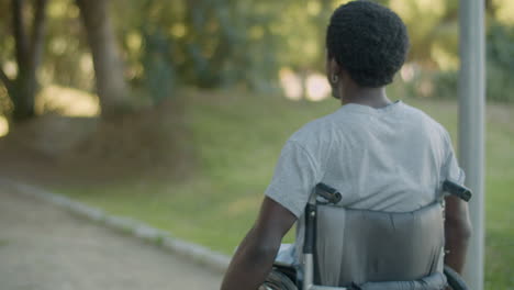 Rückansicht-Des-Jungen-Schwarzen-Mannes,-Der-Am-Sommertag-Im-Park-Mit-Seinem-Rollstuhl-Fährt