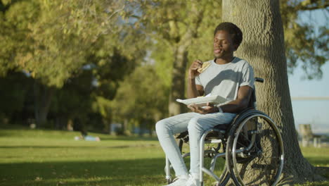 Young-Black-Man-In-Wheelchair-Having-Lunch-In-City-Park