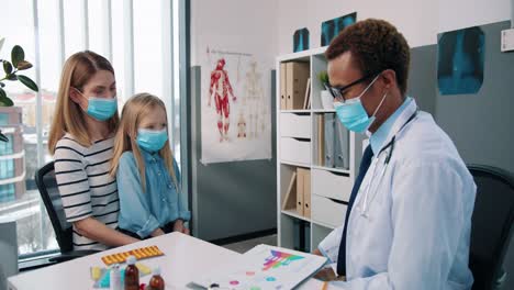 Portrait-Of-Young-Happy-Male-Professional-Physician-In-White-Medical-Coat-Speaking-On-Consultation-With-Pretty-Mother-And-Little-Daughter-Girl-In-Medical-Mask,-Healthcare