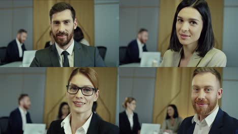 Close-Up-Collage-Of-Happy-Businessmen-And-Businesswomen-In-Suits-Sitting-In-Office-And-Looking-At-Camera