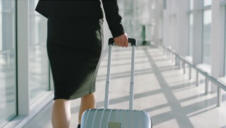 Close-Up-Of-The-Beautiful-And-Stylish-Businesswoman-In-Glasses-Walking-The-Airport-Passage,-Carrying-Suitcase-On-Wheels-And-Talking-On-The-Phone