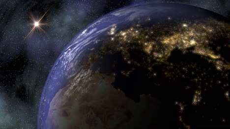 Der-Planet-Erde-Im-Weltall,-Wenn-Die-Nacht-über-Europa-Und-Nordamerika-Hereinbricht-Und-Die-Lichter-Der-Stadt-Angehen