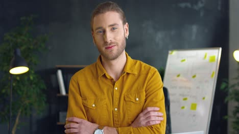 Young-Handsome-Man-In-Yellow-Shirt-With-Crossed-Hands-Smiling-To-Camera-In-The-Office