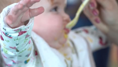 A-hungry-toddler-is-being-spoon-fed-baby-food-by-a-mothers-hand,-close-up-shot-from-the-side,-in-and-out-of-focus---slow-motion