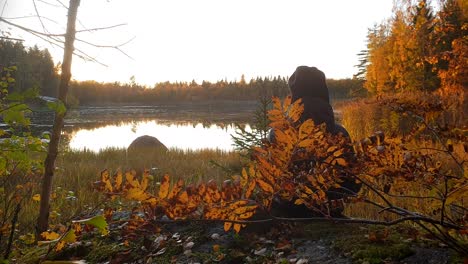 Junger-Wanderjunge,-Der-Die-Aussicht-Im-Nationalpark-In-Finnland-Genießt,-Bunte-Herbstblätter-Am-Wanderpfadsee