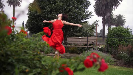 Schöne-Tänzerin-Im-Roten-Kleid,-Die-Sich-Dreht-Und-In-Rosengärten-Tanzt