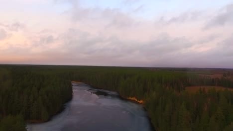 Drone-shot-of-forezen-river-in-green-forest