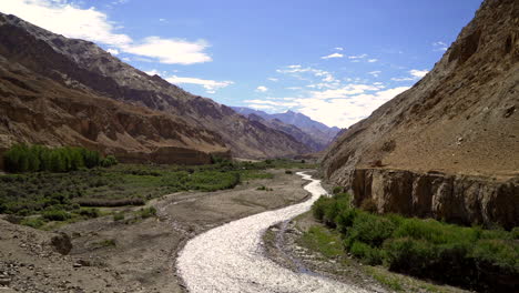 Tilt-up-handheld-shot-of-a-river-in-the-Himalayan-mountains-as-cutting-through-a-valley