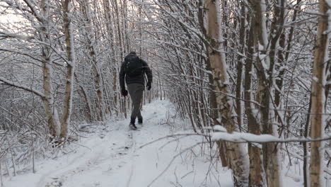 Hiking-backpack-Man-Walking-On-snowy-Avenue-Path-in-winter,-rack-focus