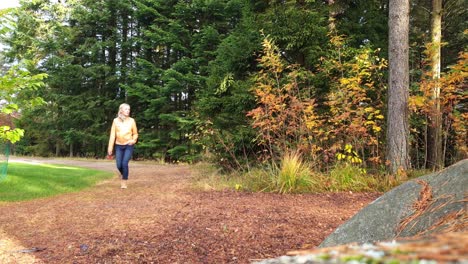 Lonely-Young-Caucasian-Female-Walking-on-Forest-Trail-With-Autumn-Tree-Foliage-and-Conifers,-Static-Shot-With-Copy-Space