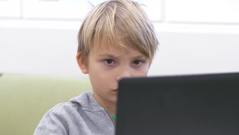Junger-Schuljunge-Konzentriert-Und-Liest-Auf-Einem-Laptopcomputer