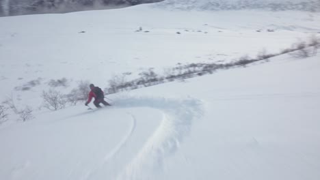 Mann-Mit-Roter-Jacke-Skifahren-Bergab,-Im-Zickzack-Durch-Kleine-Büsche-Mit-Schöner-Landschaft-Im-Hintergrund
