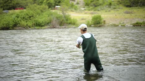 Shot-of-a-Caucasian-male-fisherman-casting-his-hook-while-Fly-Fishing