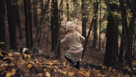 Little-girl-in-hat-throws-stick-for-dog-to-fetch-in-autumn-forest,-slow-motion
