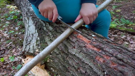 Hands-of-a-little-girl-or-boy-using-a-Swiss-knife,-sawing-a-piece-of-wood-in-the-forest,-nobody-4