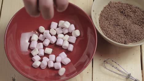 Marshmallows-In-Roter-Schale-Mit-Schokoladenflocken-Bestreut