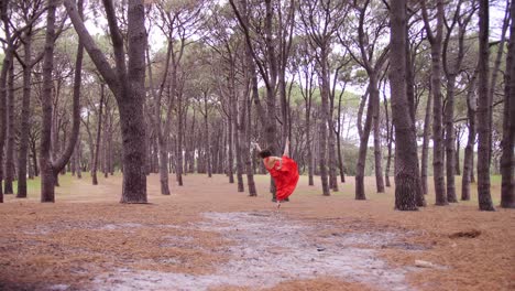 Eine-Hübsche-Dame-In-Rotem-Kleid-Tanzt-Harmonisch-Zwischen-Den-Hohen-Bäumen-Im-Kiefernwald-In-Australien---Weitwinkelaufnahme