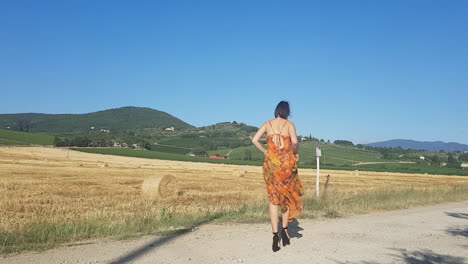 Young-brunette-girl-walking-towards-a-wheat-field-at-the-beginning-of-summer