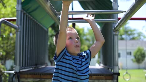 Slow-Motion-shot-of-a-young-boy-playing-on-the-monkey-bars-on-a-playground-set-in-his-backyard-1