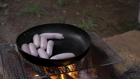 Close-up-shot-of-a-young-child-throwing-a-sausage-onto-a-frying-pan-over-a-campfire