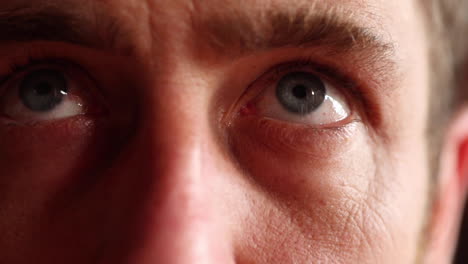 Close-up-shot-of-a-male's-eyes-darting-and-appearing-concerned-or-anxious
