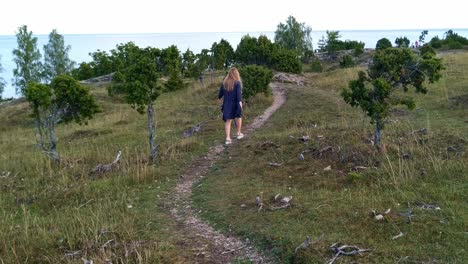 Vista-Estática-De-Una-Mujer-En-Un-Cárdigan-Azul-Caminando-Por-Un-Sendero-En-La-Naturaleza-Y-Agitando-Los-Brazos-En-Un-Pequeño-Baile-En-El-Parque-Natural-Uugu,-Estonia