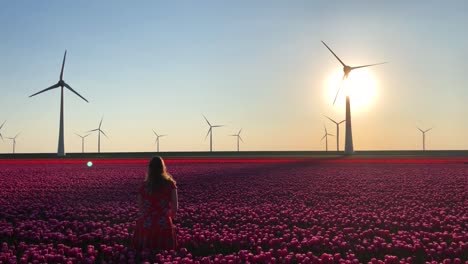 Girl-in-field-of-tulips-and-wind-turbines-throwing-flowers-in-air,-slow-motion-1