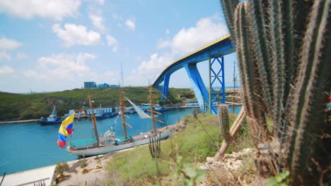 Slow-Pan-around-cactus-to-reveal-Colombian-tall-ship-moored-on-the-side-of-a-river-with-a-large-blue-bridge