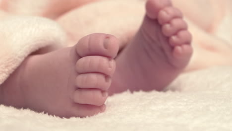 Beautiful-Baby-newborn-is-lying-in-bed-and-shows-hands-and-feet,-mother-fandles-with-baby-and-covers-her-up-with-a-cosy-coverlet,4k-60p-Apple-ProRes422,-with-external-Atoms-recorder-1