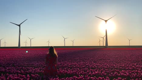 Girl-in-field-of-tulips-and-wind-turbines-at-sunset-in-Netherlands