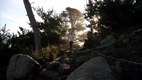Man-taking-hike-along-trail-at-sunrise-to-mountain-top