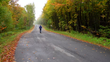 Man-running-on-a-small-road-surrounded-by-maple-autumn-maple-leaf